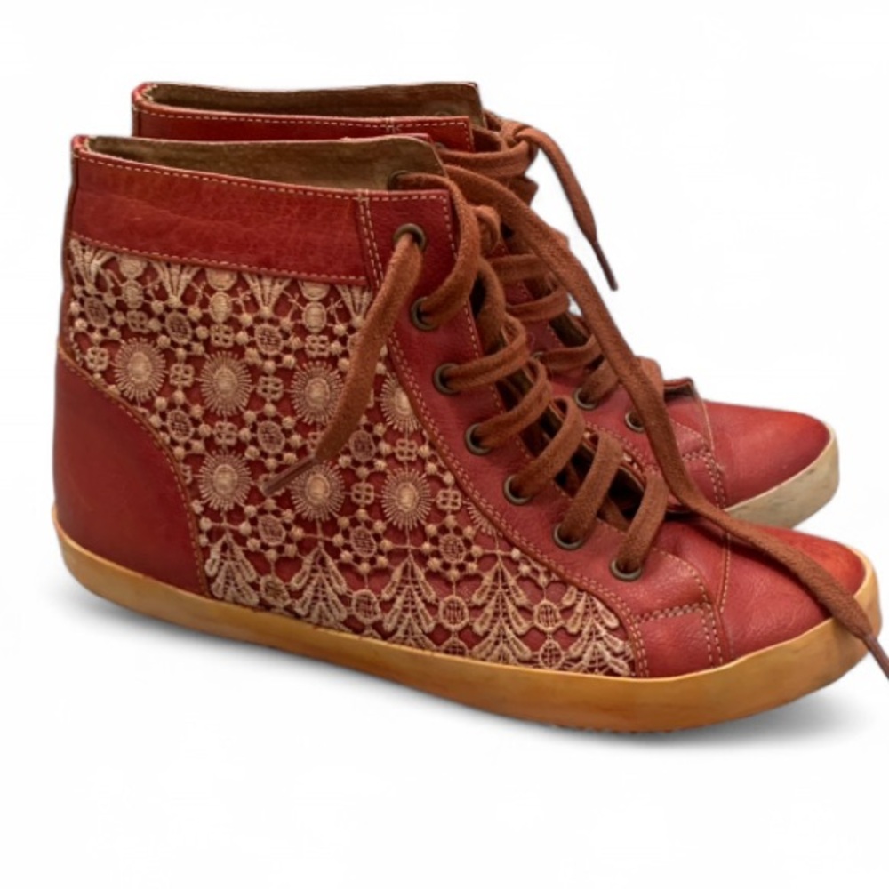 Free People Red Lace Panels Boho High Top Sneakers Size 38
